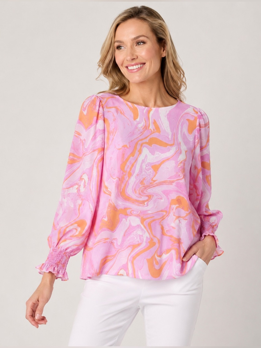 Susan Graver Pink Marble Print Blouse Smocked Cuff 3/4 Sleeve Size Small